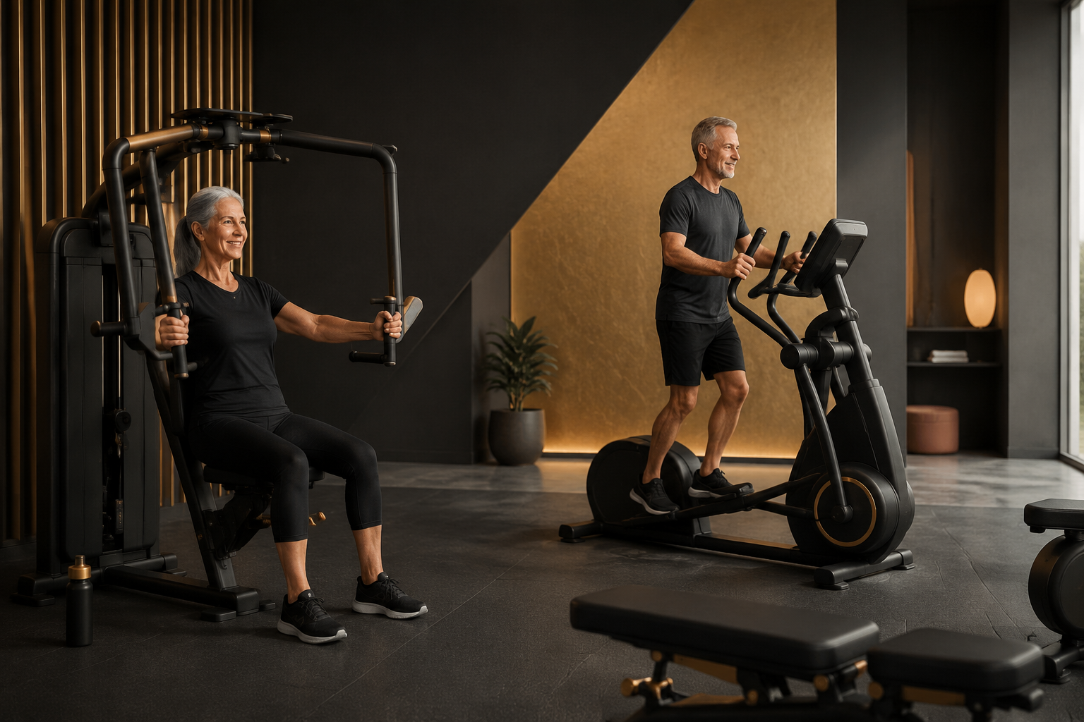 Adults over 40 using accessible gym equipment